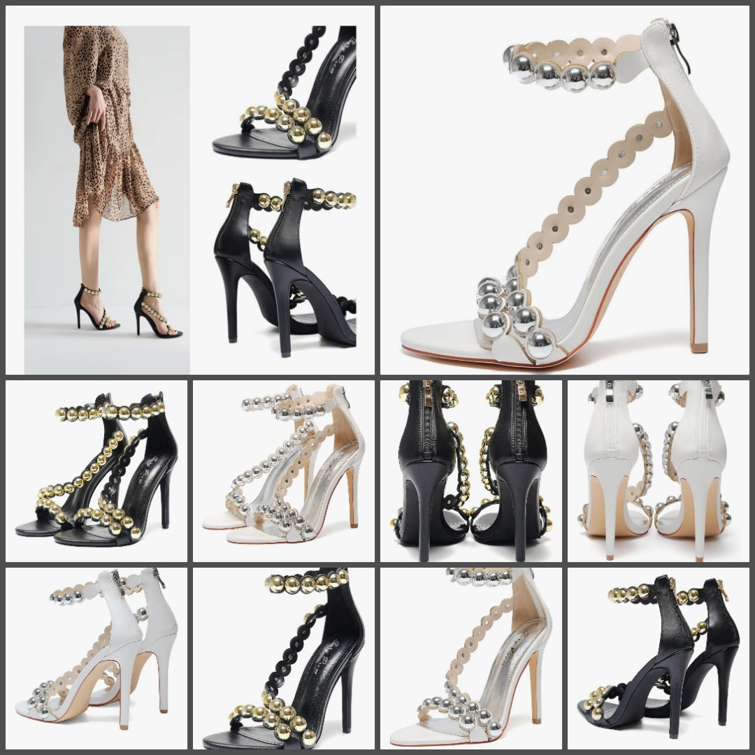 Stiletto Open-Toe Sandals Beaded Ankle Strap & Zip Closure Nightclub Party Wedding Heels Shoes