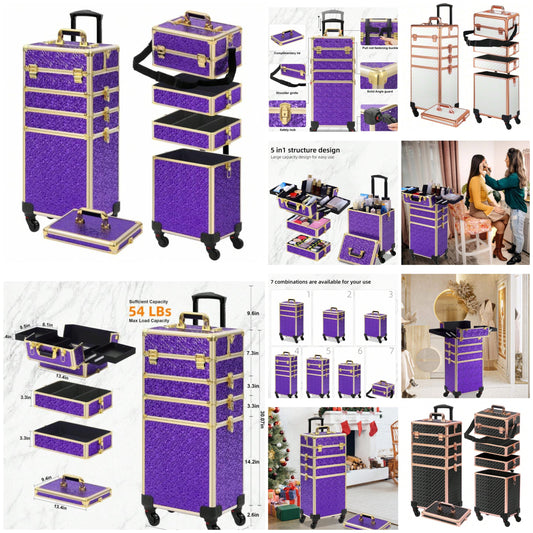 Rolling Makeup Case, Makeup Train Case With Lid, 5 In 1 Cosmetology Case On Wheels, Christmas Gift, Large Makeup Case Organizers, Profesional Cosmetic Case For Salon Barber COCOMONEY