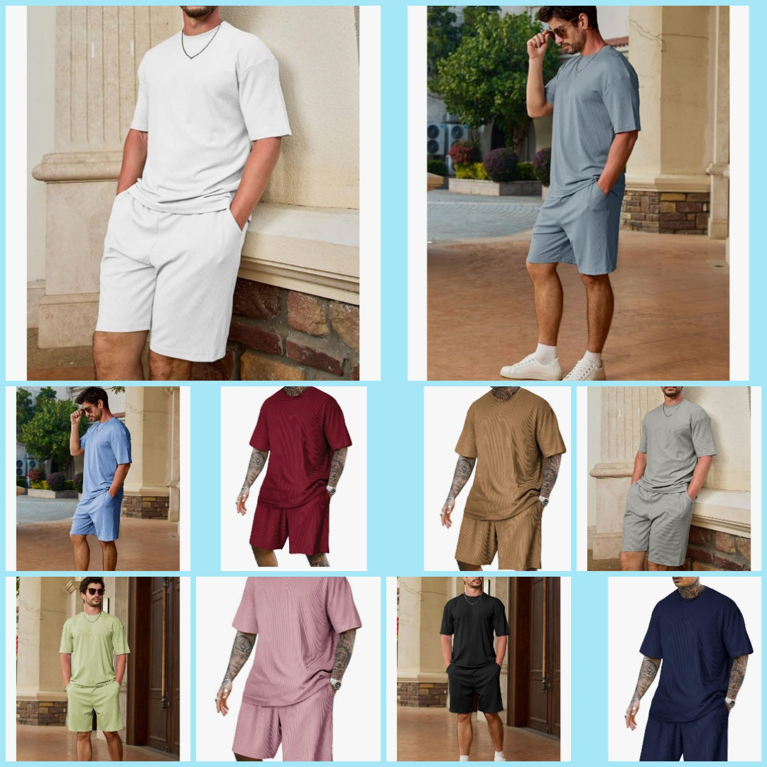 Mens Casual 2 Piece Outfits-Short Sleeve Athletic Set Oversize T-Shirts Drawstring Tracksuit Set