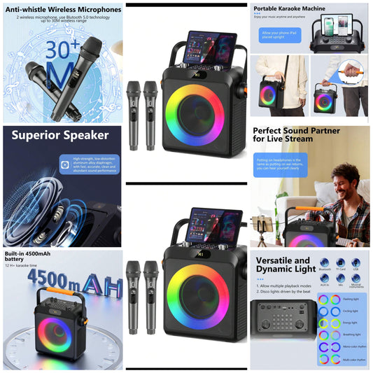 Portable Bluetooth Karaoke Machine With Dual Wireless Microphones - DJ Lights, REC, TWS Support - Ideal For Home Parties And Outdoor Events For Kids & Adults