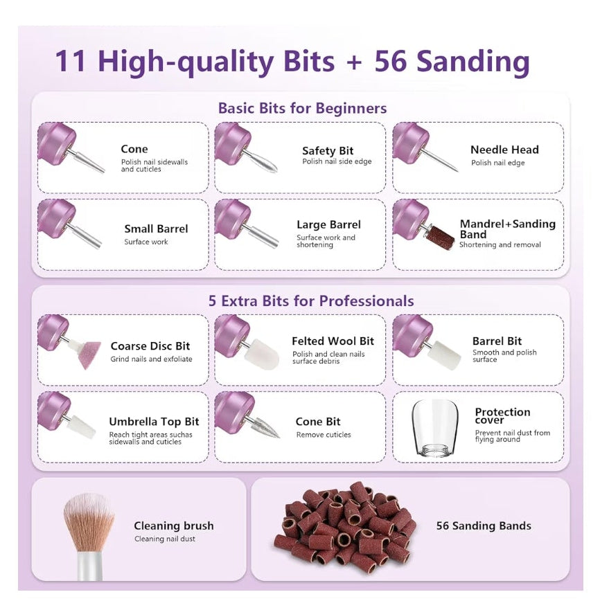 Nail Drill Cordless Electric Nail File Kit Rechargeable Professional Efile Nail Set, Portable Acrylic Gel Nail Polish Remover Machine Pedicure Manicure Tool, 11 Bits 56 Sanding Bands Salon Home