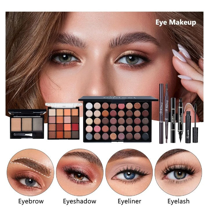 All in One Makeup Kit Full Kit, Make Up Gift Set Makeup Essential Bundle Includes Foundation Face Primer Eyeshadow Contour Palette Lipstick Eyeliner Mascara Cosmetic Brush Set