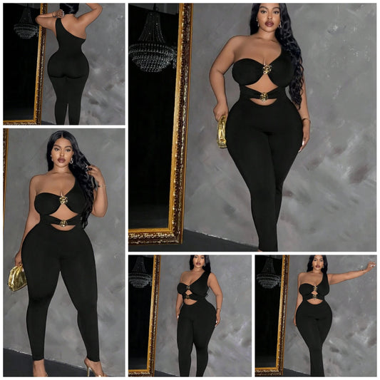 Plus Size Solid Color Asymmetric Collar Tight Hollow Sexy Sleeveless Jumpsuit COCOMONEY