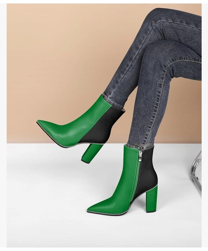 Womens Pointed Toe Beaded Chunky Ankle Boots Side Zipper 3.5 Inches