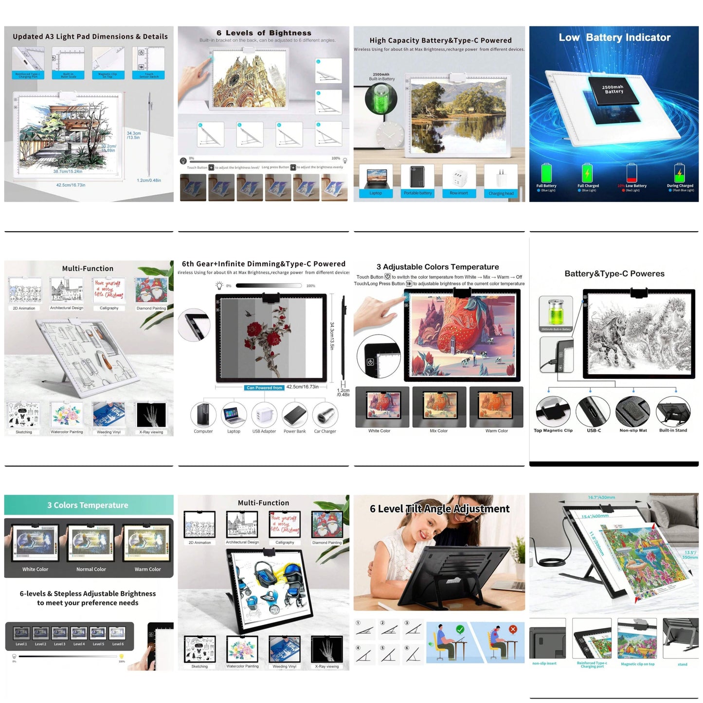 Rechargeable A3 Light Pad For Diamond Painting,Tracing Light Box With Stand And Clip,3 Colors Stepless Dimmable And 6 Levels Of Brightness Light Board For Artists,Drawing,Sketching,Animation