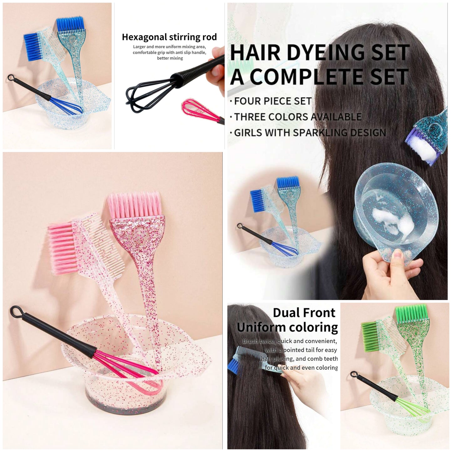 4-Piece Hair Dyeing Kit - Professional Hair Styling And Highlighting Set With Sparkling Comb, Oil Brush, Pearl Brush, Mixing Stick,Dye Mixing Bowl Tinting Bowl And Highlight Bowl For Salon-Quality Results At Home,Hair Dye Mixing Bowl And Brush