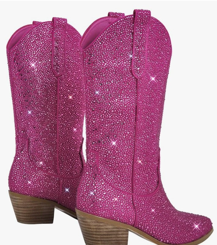 Sparkly Rhinestones Cowboy Cowgirl Style Boots Calf High Boots for Women 2INCH Heeled Shining