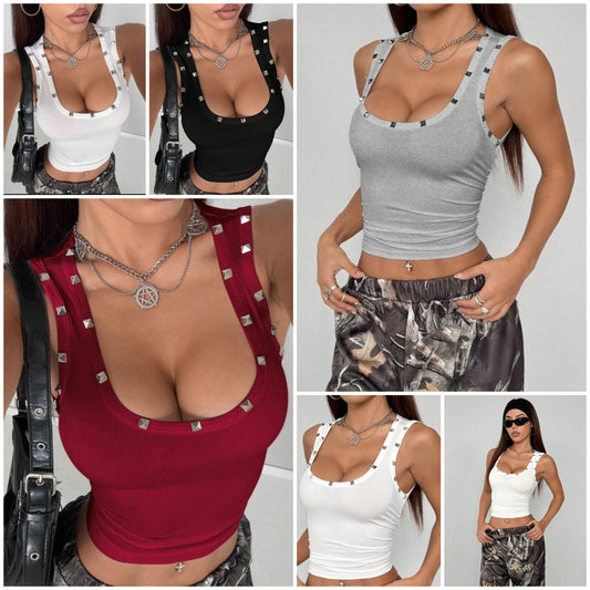 Rivet Decorated Fitted Tank Top, Cocomoney