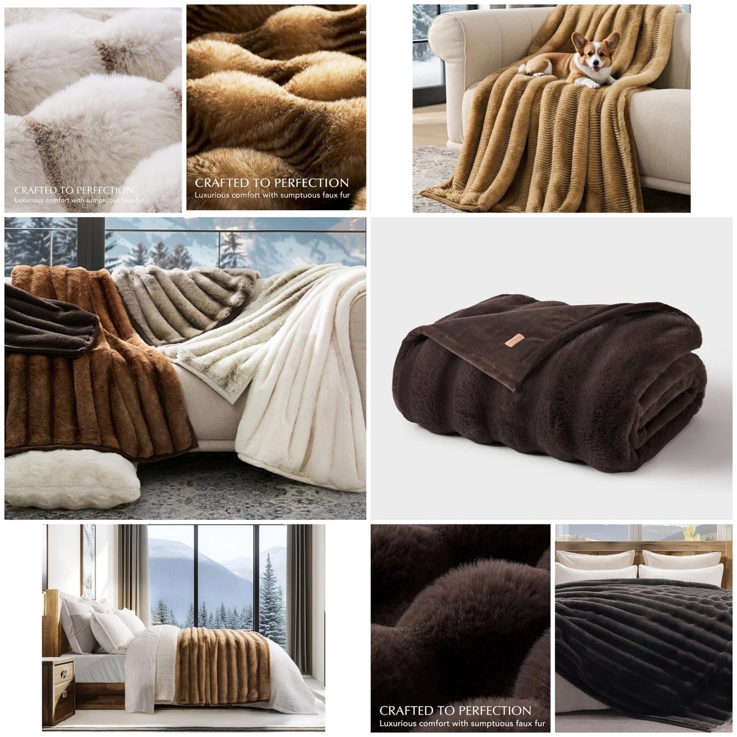 Soft Luxury Faux Rabbit Fur Throw Blanket for Couch, Cozy Fluffy Channel Throw Blanket for Bed, Fuzzy Warm Thick Mink Blanket with Reversible Velvet
