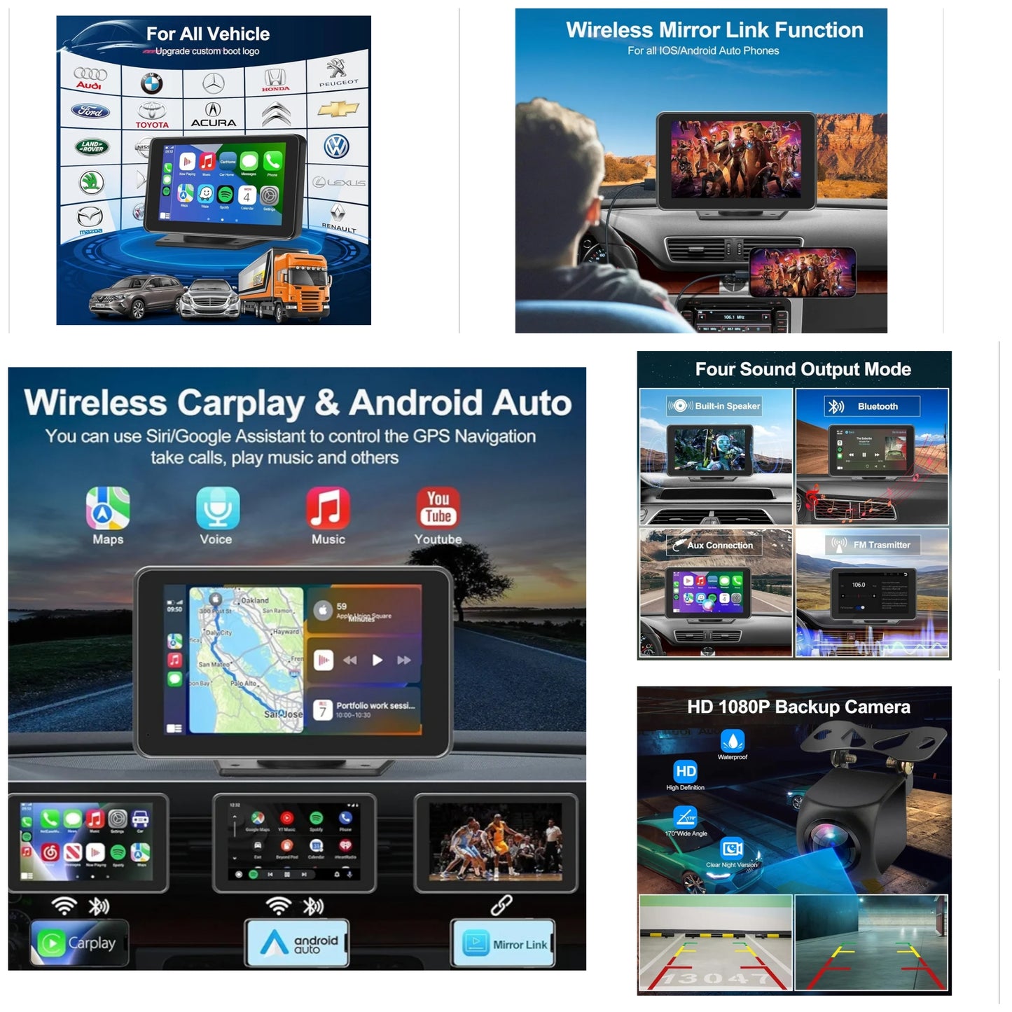Portable Carplay/Android Auto Screen for Car, 7 Inch HD Touch Screen Wireless Car Play with Backup Camera, Voice Control, BT, FM, Mirror Link for All Vehicle