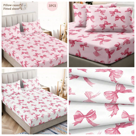 3pcs Watercolor Pink Bow Girly Cute Digital Print Bedding Set (1 Bedsheet + 2 Pillowcases, No Comforter), Daily Use Polyester Fiber Soft & Skin-Friendly, Suitable For Master/Guest/Kids Bedroom, All Seasons