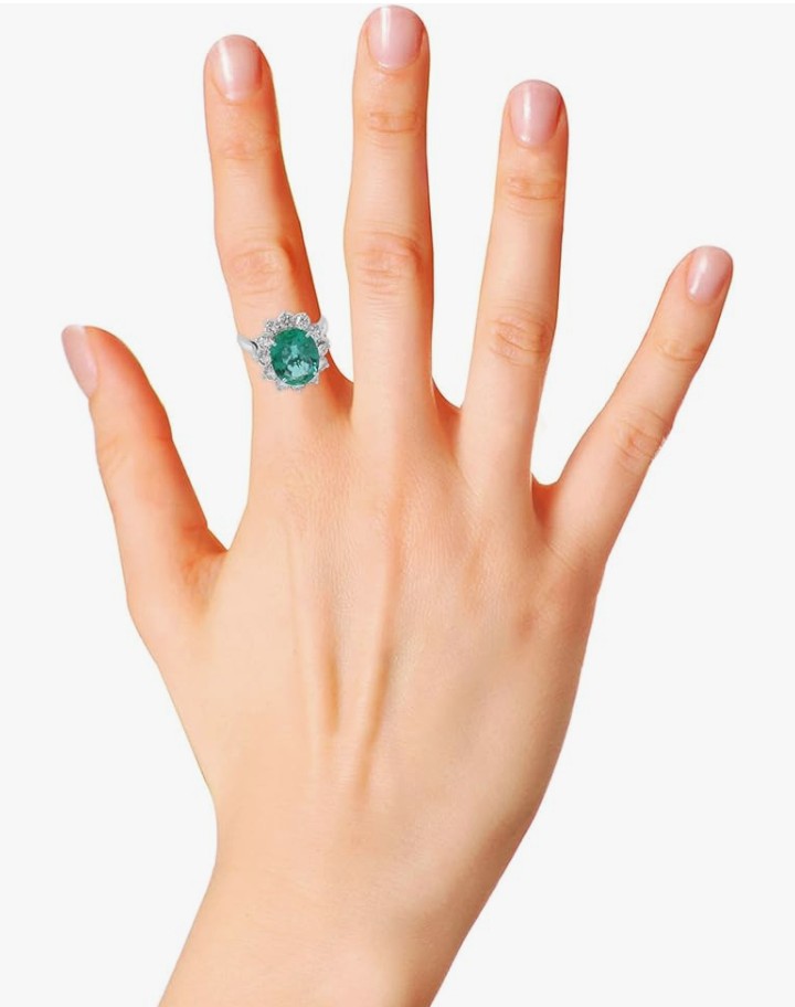 COCOMONEY Genuine Emerald & Diamond Halo Statement Wedding Ring Cluster Diamond Delicate Ring 18k Solid White Gold Bridal Ring Gift For Her Jewelry
