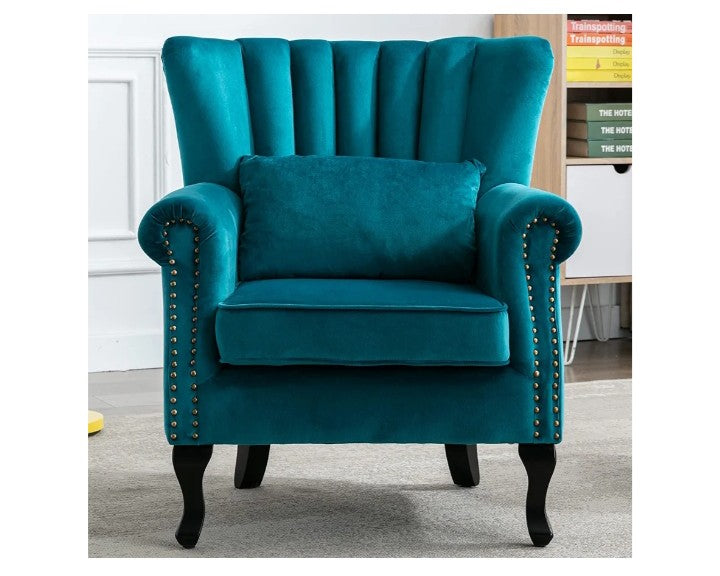Mid Century Modern Accent Chair Upholstered Armchair Comfy Velvet Fabric Single Sofa with Lined Wingback for Small Spaces Bedroom Living Room, Velvet Black, 30.1D x 30.5W x 35H in