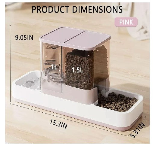 Food and Water Dispenser Automatic Dog Feeder Waterer 2 in 1 Auto Pet Food and Water Bowl Set Self Feeding for Puppy Kitten,