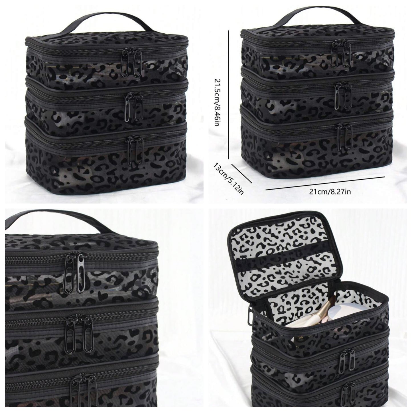 Leopard Print Fashionable 3 Layers Mesh Cosmetic Bag For Storage, Square-Shaped Makeup Bags, Holiday