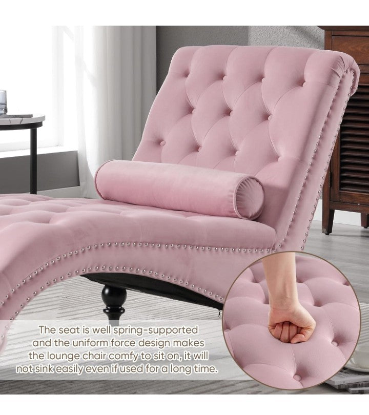 Velvet Chaise Lounge Indoor with Toss Pillow, Modern Pink Chaise Lounge Chair, Upholstered Armless Velvet Chairs with Tufted Buttons and Nail Heads for Living Room, Bedroom Furniture