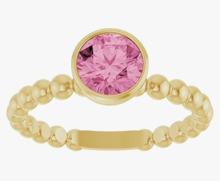 COCOMONEY 14k Yellow Gold Bezel-Set Pink Tourmaline Family Stackable Beaded Fashion Ring Fine Jewelry For Women Gifts For Her, Size 7