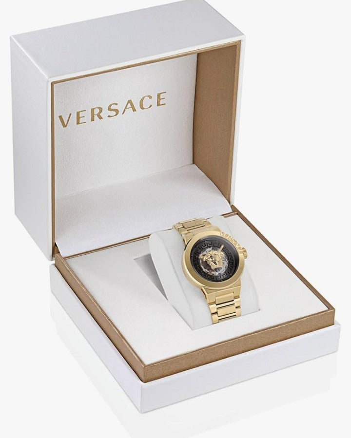 Versace Medusa Infinite Collection Luxury Womens Watch Timepiece with a Gold Bracelet Featuring a Gold Case and Black Dial