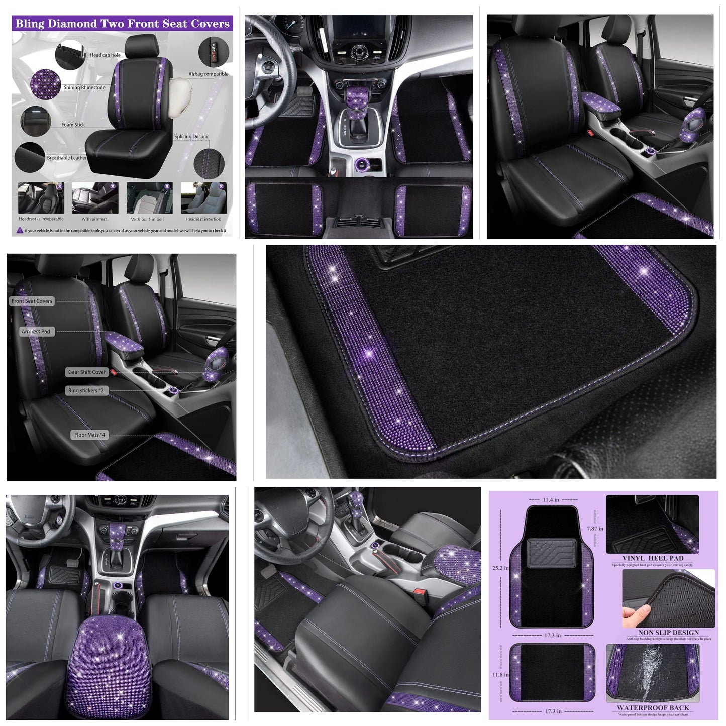 Bling Rhinestone Diamonds Car Seat Covers Leather Shining Diamond Car Floor Mats Carpet with Anti-Slip Nibs Bling Car Accessories Sets Glitter Crystal Combo Set