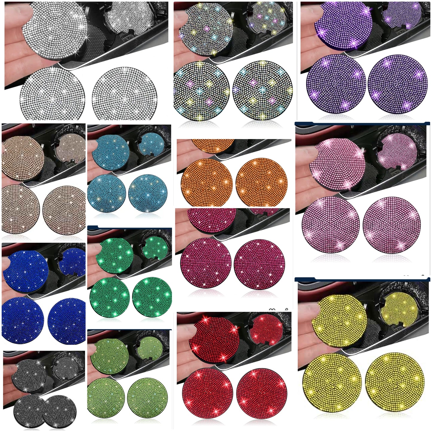 2pcs Bling Car Cup Holder Coaster, 2.75 inch Anti-Slip Shockproof Universal Fashion Coasters Insert Crystal Rhinestone Automotive Interior Accessories silicone