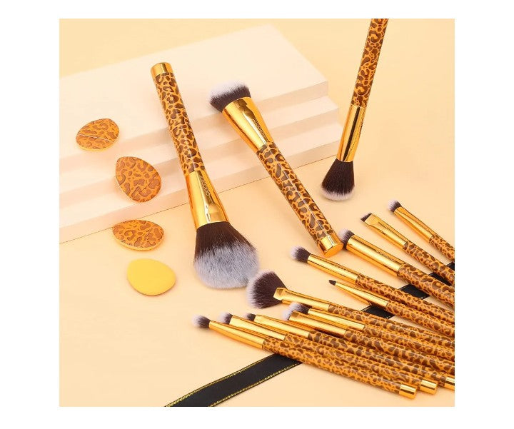 Makeup Brushes Leopard 14pcs Premium Synthetic Foundation Powder Concealers Eye shadows Blush Makeup Brush Set with 4pcs Makeup Puffs