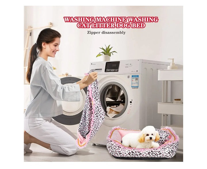 Bed for Small Dogs or cats- Cute Pink Leopard Dog Bed,Cat Beds for Indoor Cats Washable - Square Shape Cat Dog Sofa Bed Pet House Nest Cave(M, 20.8" L x 18" W x 5.5"