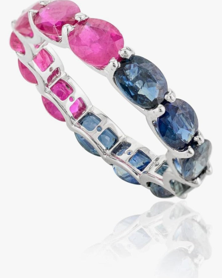 COCOMONEY Ruby & Emerald Eternity Ring- 14K Solid White Gold Stackable Ring- Elegant