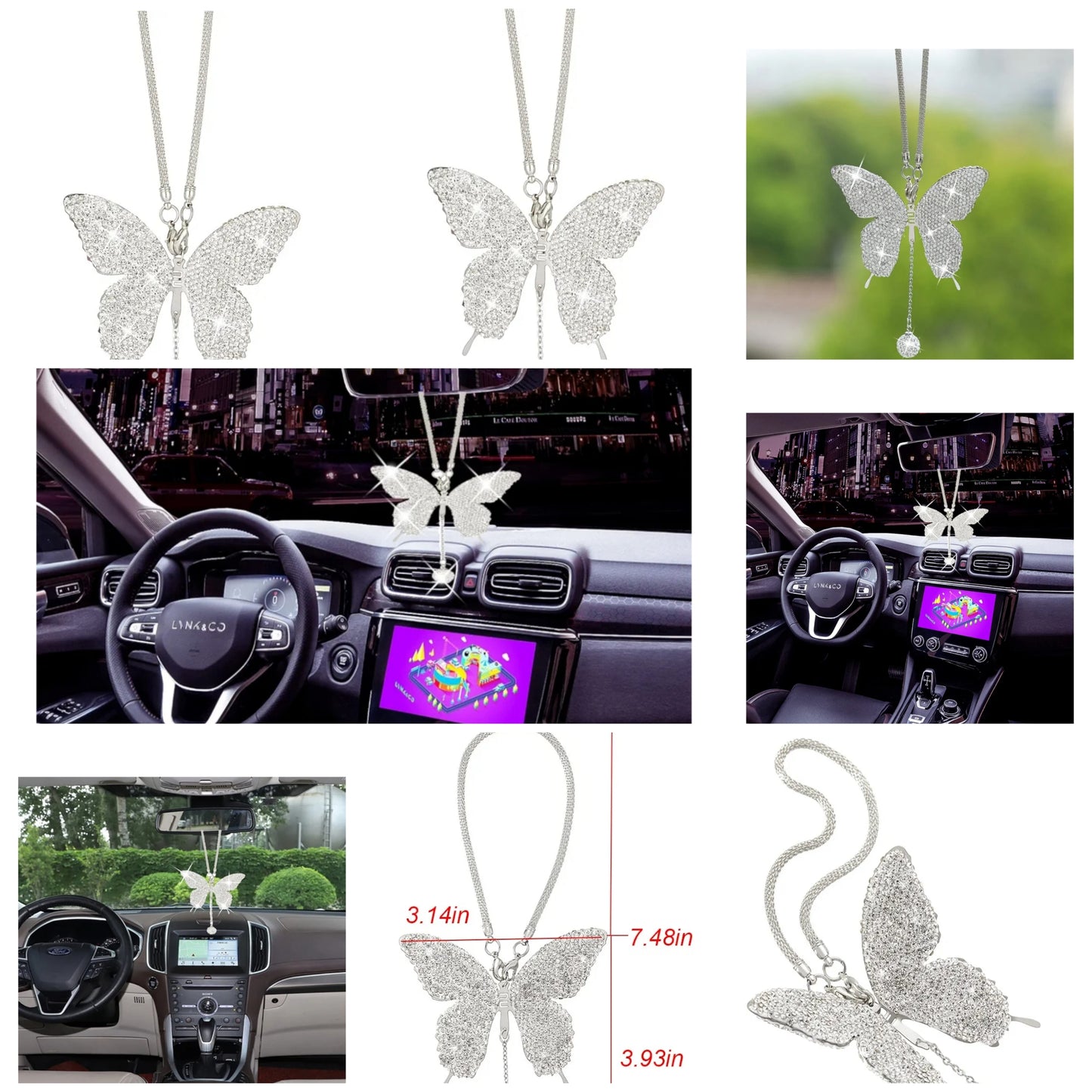 Bling Butterfly Diamond Car Accessories for Women, Crystal Car Rear View Mirror Charms Car Decoration Valentine's Day Gifts Lucky Hanging Interior Ornament Pendant. (Silver)