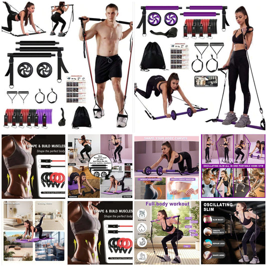 Pilates Bar Kit With Resistance Bands, Pilates Equipment With AB Roller Multifunctional Stretched Fusion Pilates Bar - Portable Pilate Bar For Abs Workout, Exercise Fitness For Home Gym