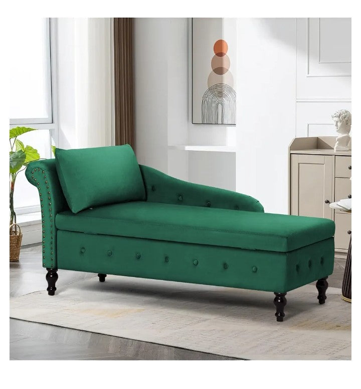 Upholstered Velvet Chaise Lounge with Left Armrest & Storage Space,Button Tufted Lounge Chair w/Lumbar Pillow,Modern Lounge Chair for Bedroom, Living Room and Office