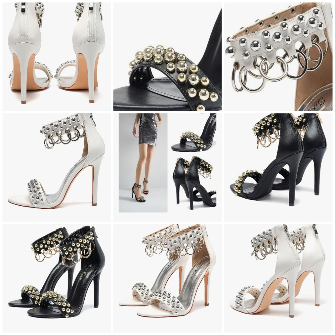 Open Toe Stiletto Sandals Metallic Rings & Pearls Gothic Nightclub Party Wedding Shoes