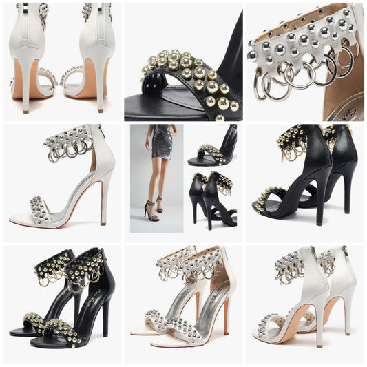 Open Toe Stiletto Sandals Metallic Rings & Pearls Gothic Nightclub Party Wedding Shoes
