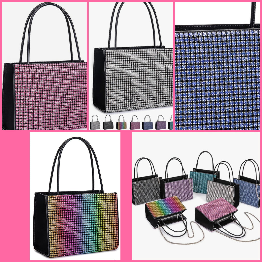 COCOMONEY High Quality Rhinestones and Leather Womens Tote Top Handle Purse Shoulder Satchel Bags Sparkly Rhinestone Evening Clutch Purse Formal Handbag