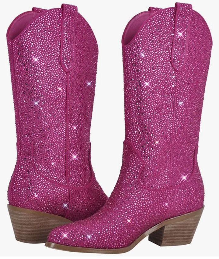 Sparkly Rhinestones Cowboy Cowgirl Style Boots Calf High Boots for Women 2INCH Heeled Shining