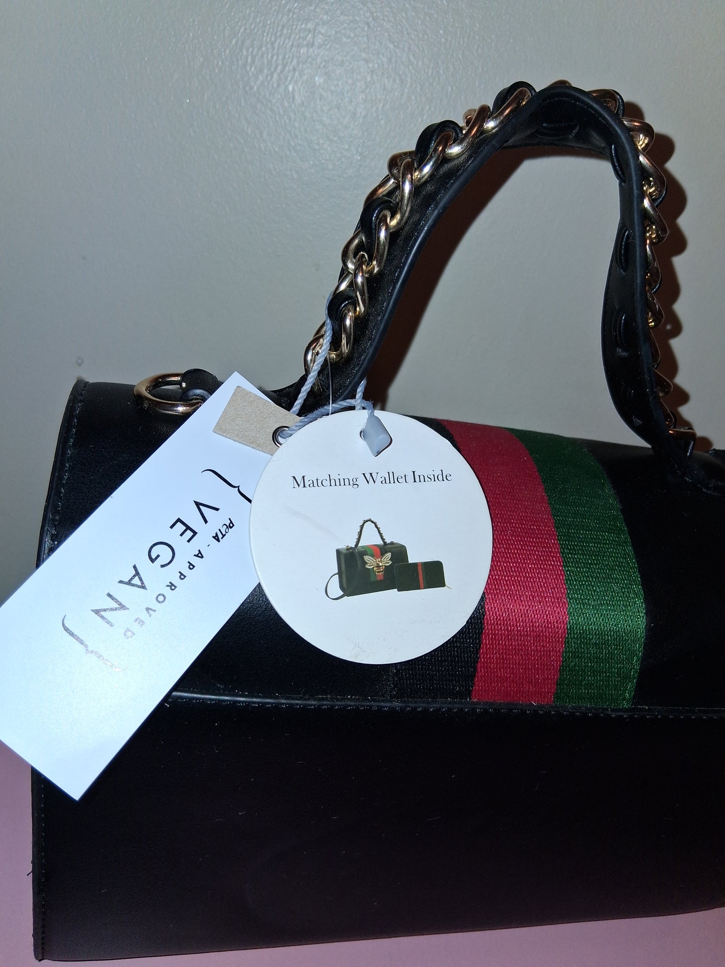 COCOMONEY HANDBAG BLACK WITH WALLET AND STRAP 10IN BY 8IN BY 5IN ONLY 2 of these pu