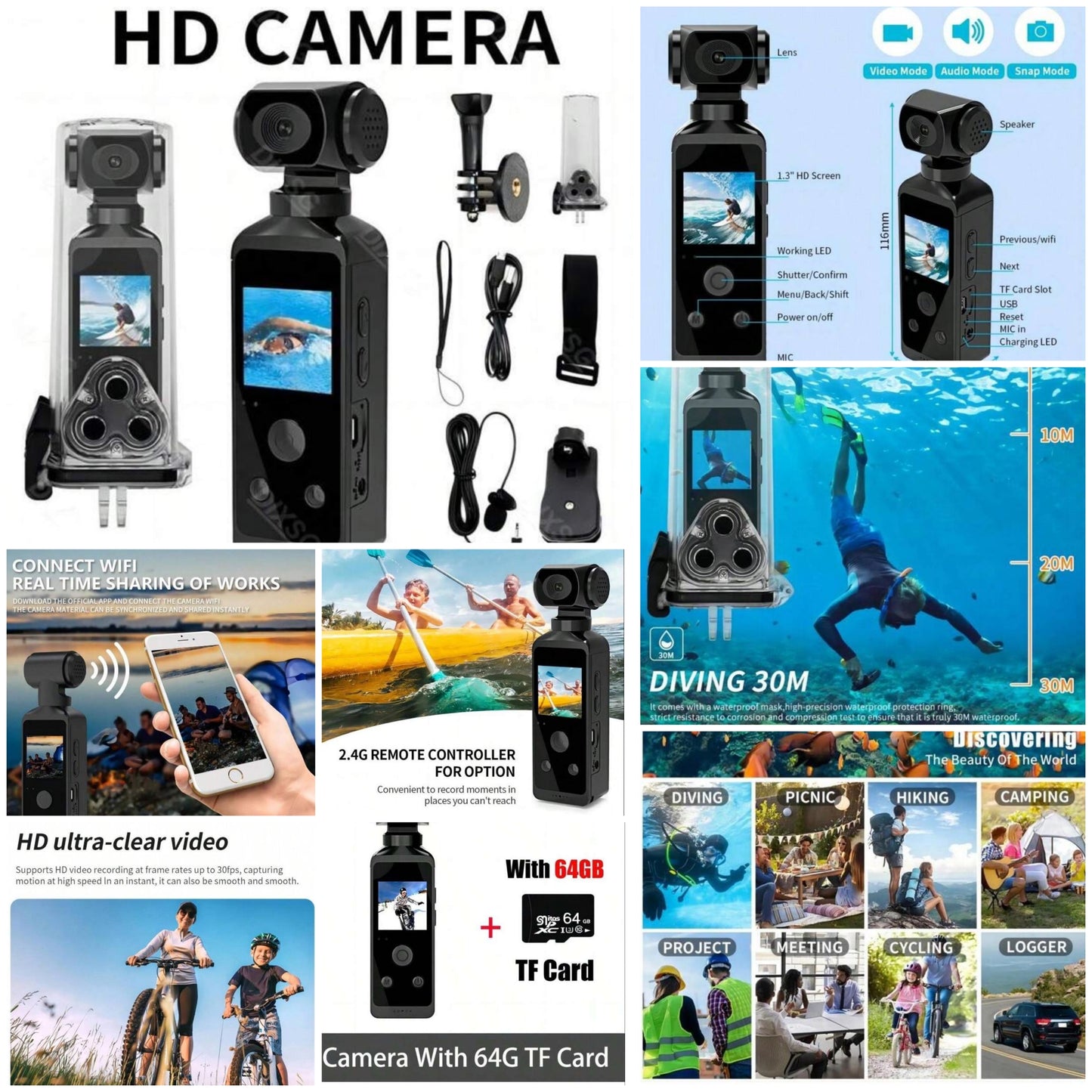270° Rotatable Wifi Mini Camera Sports Pocket Camera 1.3" Screen Action Camera Outdoor Video Shooting Bicycle Motorcycle DV