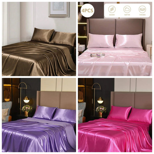 4pcs Plain Satin Sheet Set Without Filler,1pc Fitted Sheet & 1pc Flat Sheet & 2pcs Pillowcase, Bedding Full/Twin/Queen/King