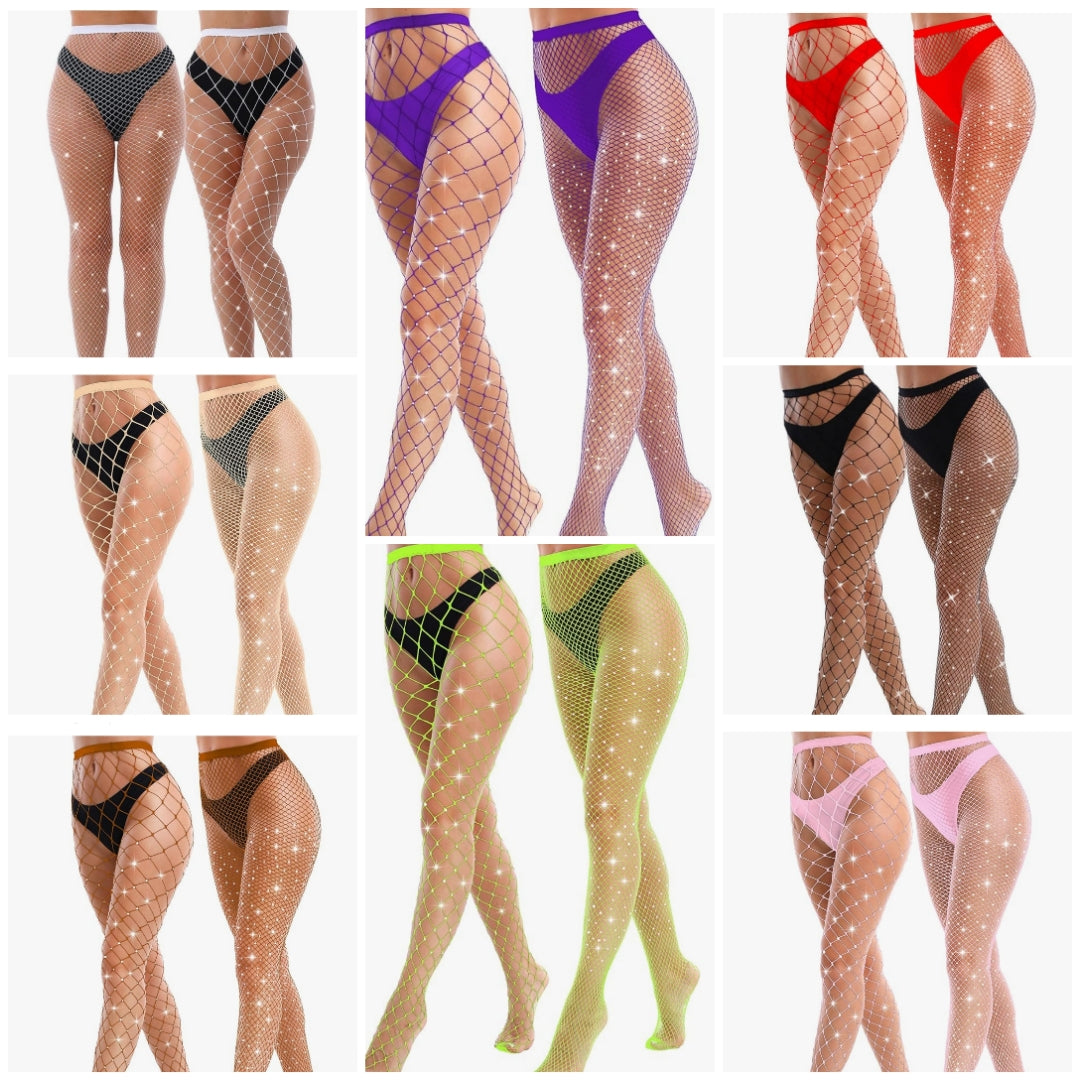 2 Pack Sparkly Large And Medium Mesh Fishnet Tights For Women Glitter Rhinestone Fishnets Stockings COCOMONEY