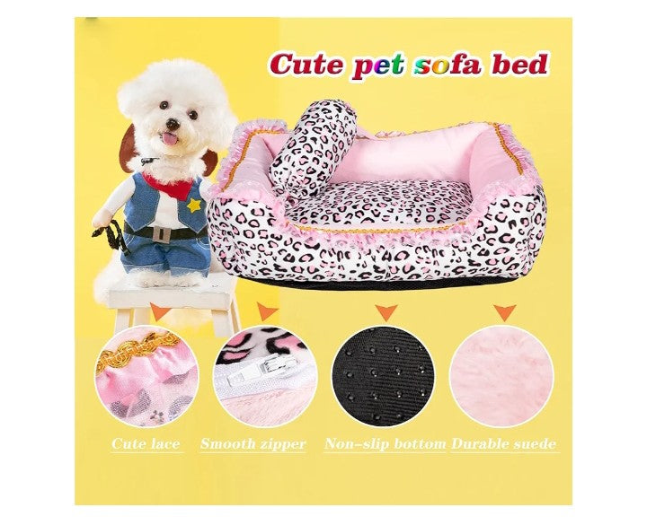 Bed for Small Dogs or cats- Cute Pink Leopard Dog Bed,Cat Beds for Indoor Cats Washable - Square Shape Cat Dog Sofa Bed Pet House Nest Cave(M, 20.8" L x 18" W x 5.5"
