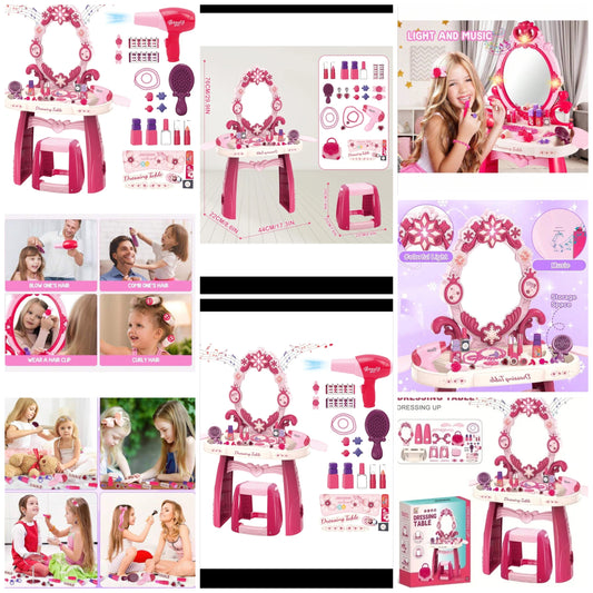 Pretend Play Girls Vanity Set With Mirror And Stool - Kids Makeup Vanity Table Set With Lights And Sounds - Includes Makeup Accessories, And Chair For Girls, Toddlers 3 and up