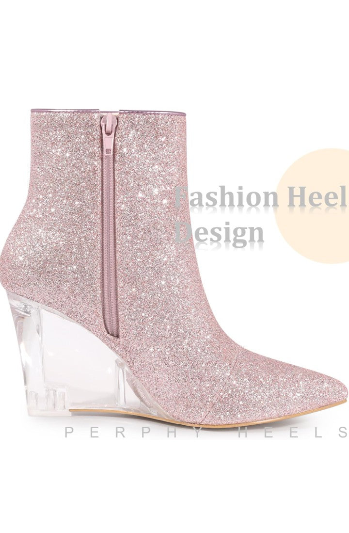 Clear Heels Boots Sequin Pointed Toe Glitter Wedge Heels Ankle Boots for Women