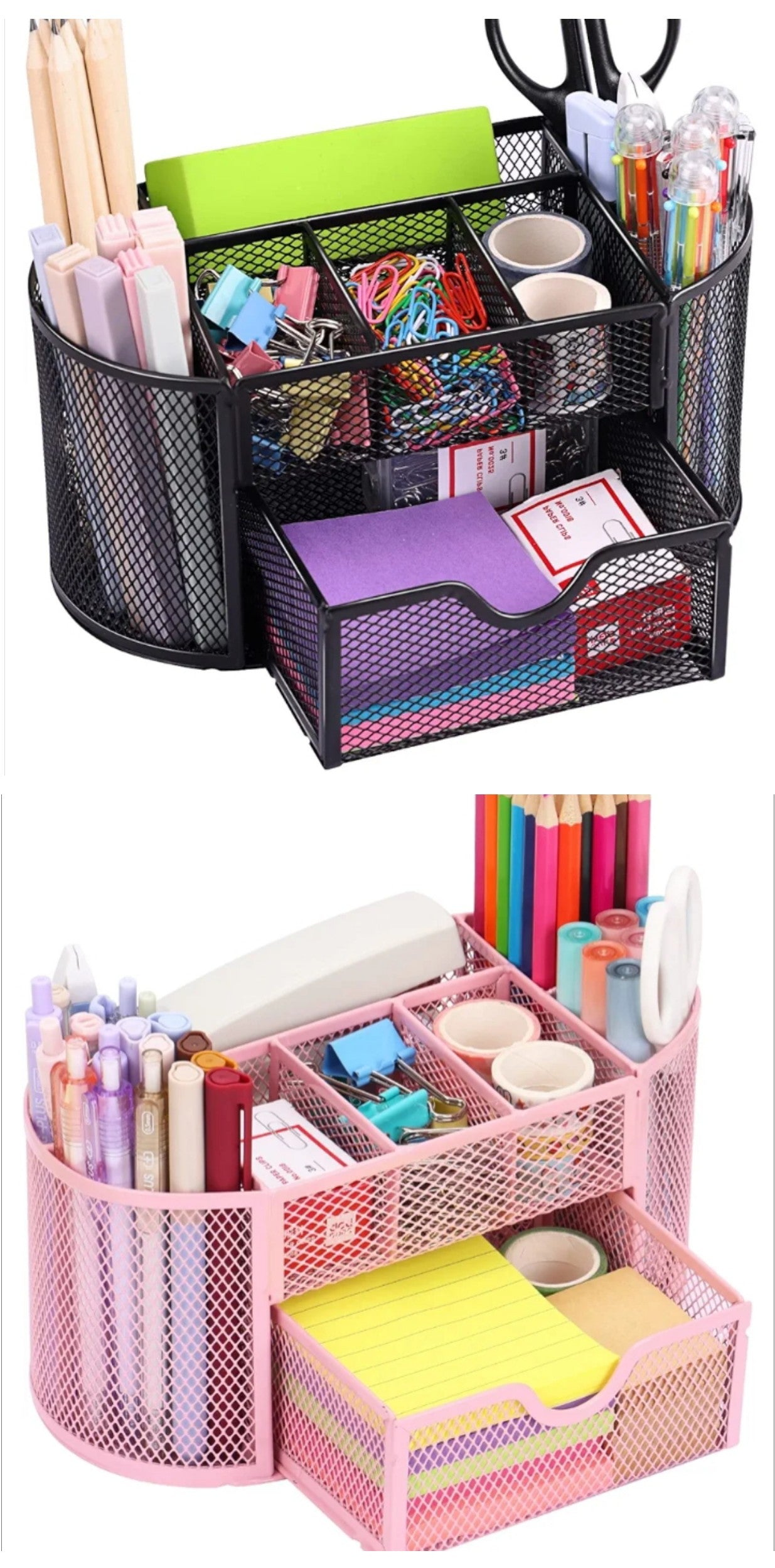 Desk Organizer, Pencil Holder for Desk, Mesh Office Desk Accessories with 8 Compartments and 1 Drawer Stationery Holder School Supplies