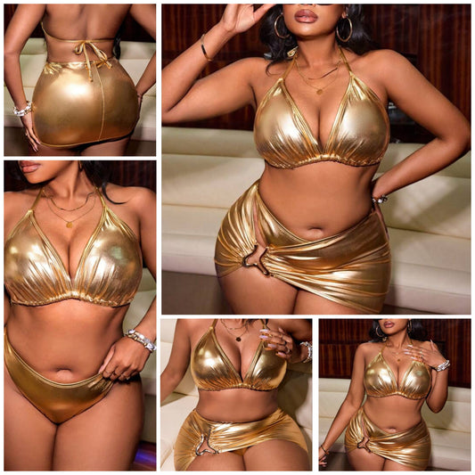 Plus Size Women Sexy PU Leather Gold Fashion Halter Bikini Set With Skirt , For Summer Beach Vacation COCOMONEY