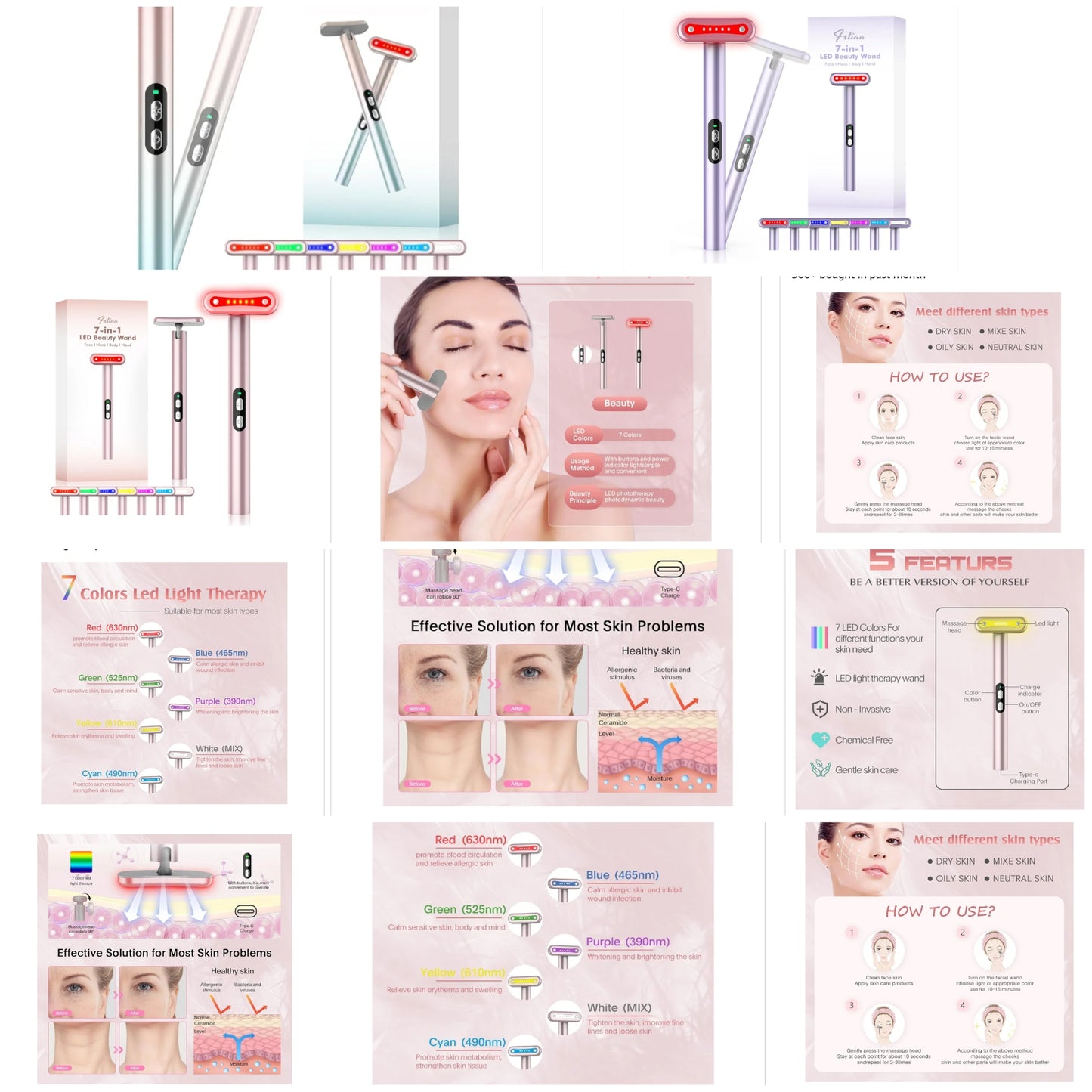 Red-Light-Therapy-Wand, 7 Colors LED Facial Light Therapy Wand for Face and Neck Rejuvenation, Face Massager Eye Beauty Tool at Home