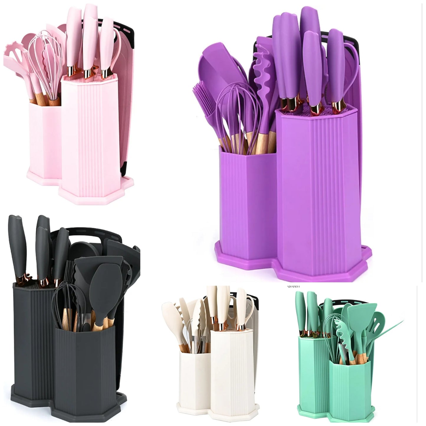 Nice 19 Piece Kitchenware Utensils and Knife Set Includes: 9 Piece Silicone Cooking Utensils- 5 Piece Sharp Stainless Steel Chef Knives- Scissors- Whisk Tongs and Cutting Board,