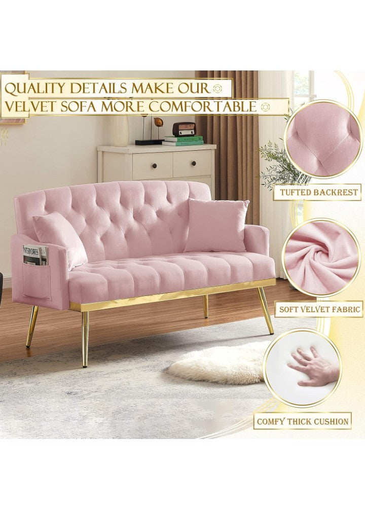 Upholstered Loveseat Sofa, Modern Small Sofa Couch with Side Pocket and Golden Metal Legs, Tufted Leisure Sofa for Living Room, Bedroom, Office, Cream White Teddy