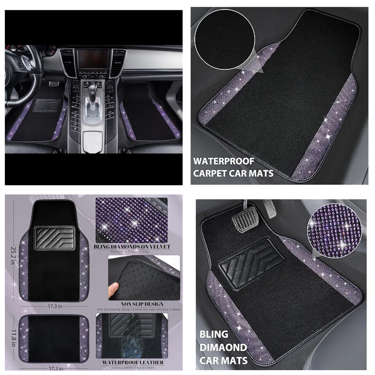 Bling Rhinestones Diamond Car Floor Mat, Crystal Sparkly Shining Glitter Carpet, Waterproof Anti-Slip PVC Heel Pad Universal Fit Interior Set SUV,Sedan,Van,4pcs Girl Women Men