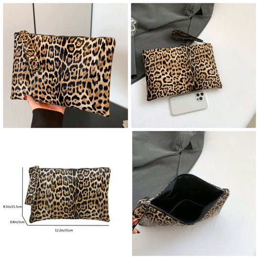 Pu Solid Color Joker Leopard Fabric Design Clutch Bag Is Suitable For Shopping., Leopard Print Bag, Party Bag Perfect For Party Wedding Prom Dinner/Banquet Matching With Holiday Party Dress Evening Dress & Sequin Dress, Elegant Clutch Bag For Women