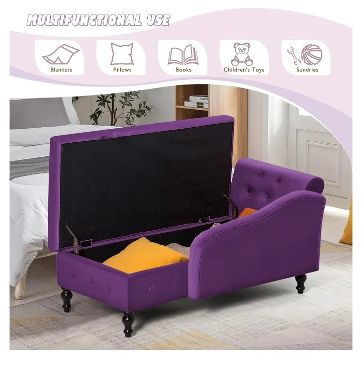 Upholstered Velvet Chaise Lounge with Left Armrest & Storage Space,Button Tufted Lounge Chair w/Lumbar Pillow,Modern Lounge Chair for Bedroom, Living Room and Office