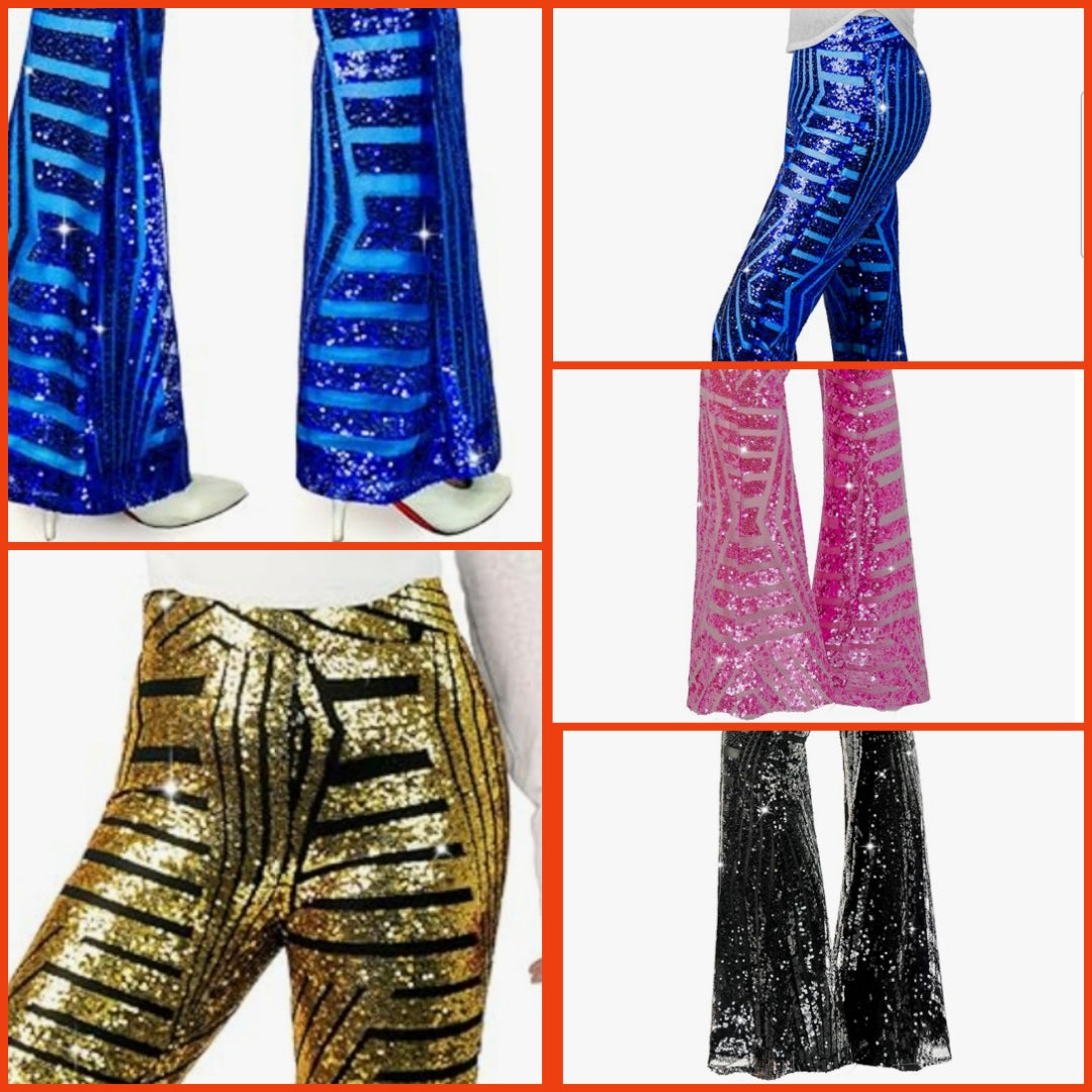 Sequin Flare Pants Sparkly Glitter High Waisted Bell Bottom Trousers Disco Party Clubwear